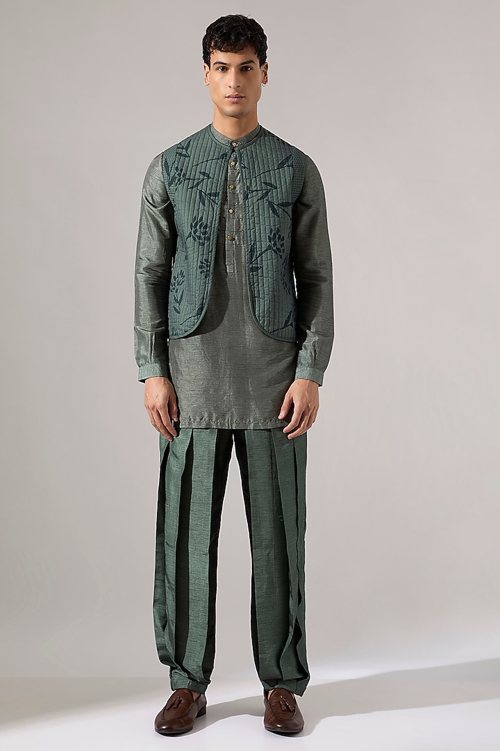 Sage Cotton Printed Bundi Jacket by Son Of A Noble SNOB Men at Pernia's Pop Up Shop