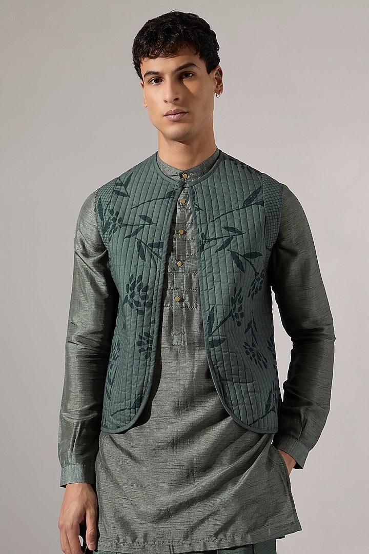 Sage Cotton Printed Bundi Jacket by Son Of A Noble SNOB Men at Pernia's Pop Up Shop
