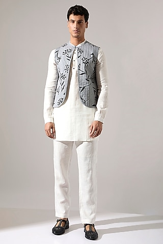 Grey Cotton Printed Bundi Jacket by Son Of A Noble SNOB Men