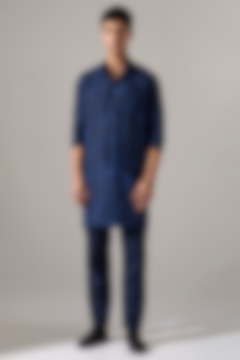 Navy Linen Printed Bundi Jacket by Son Of A Noble SNOB Men at Pernia's Pop Up Shop