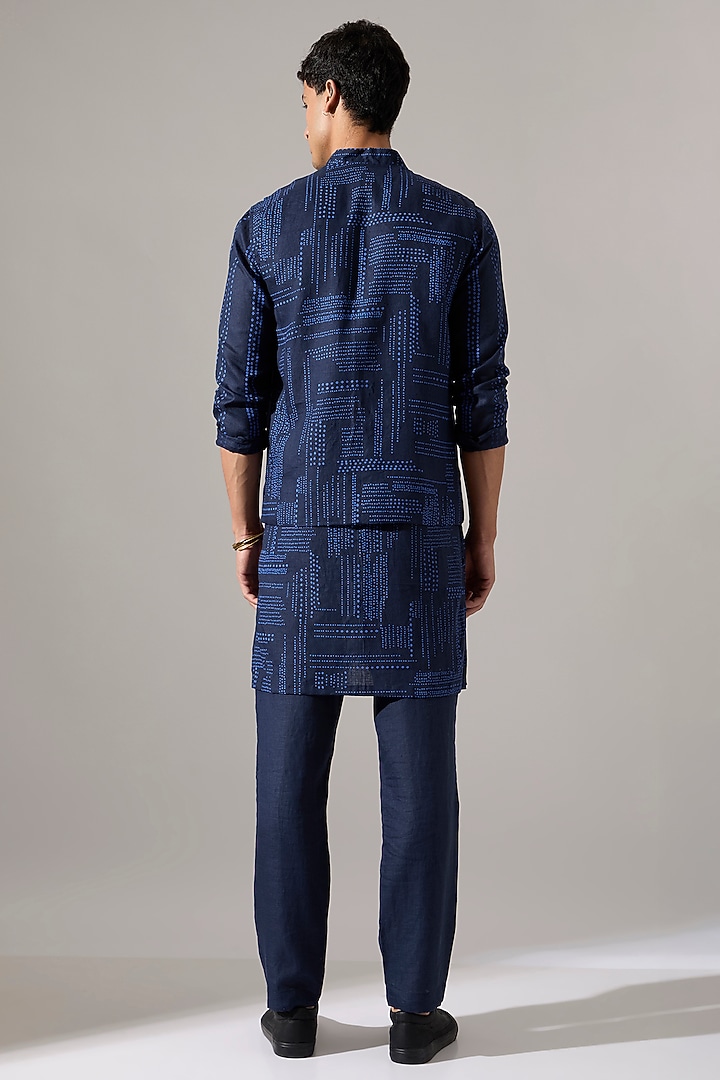Navy Linen Printed Bundi Jacket by Son Of A Noble SNOB Men at Pernia's Pop Up Shop