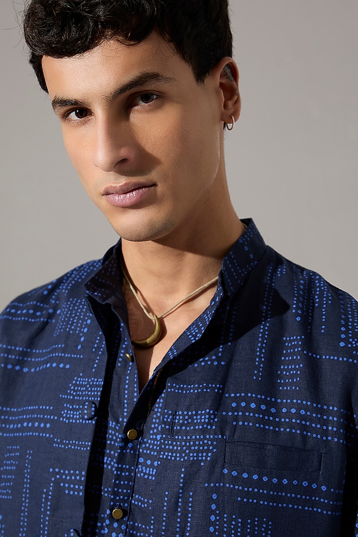 Navy Linen Printed Bundi Jacket by Son Of A Noble SNOB Men at Pernia's Pop Up Shop