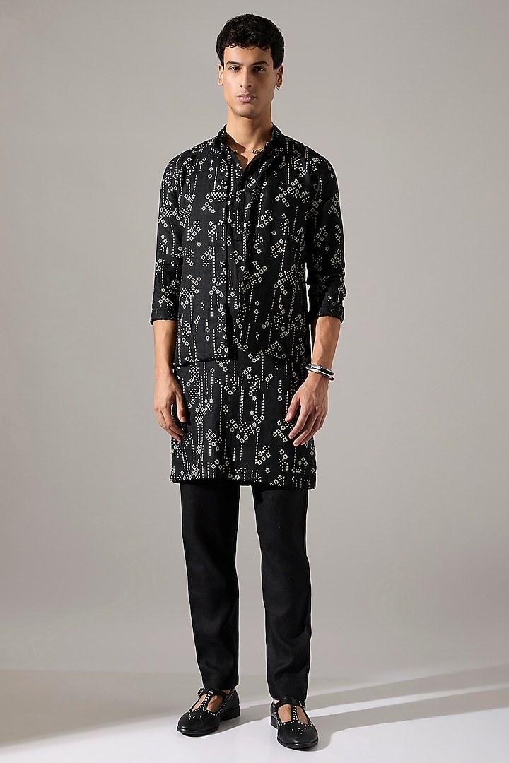 Black Linen Printed Bundi Jacket by Son Of A Noble SNOB Men at Pernia's Pop Up Shop