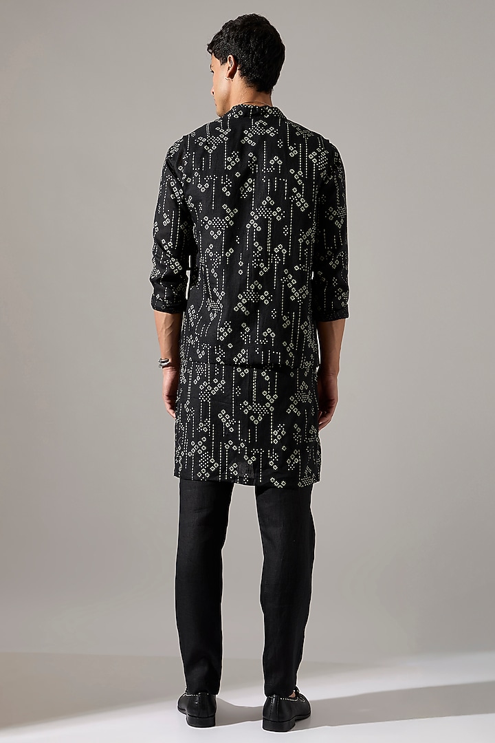 Black Linen Printed Bundi Jacket by Son Of A Noble SNOB Men at Pernia's Pop Up Shop