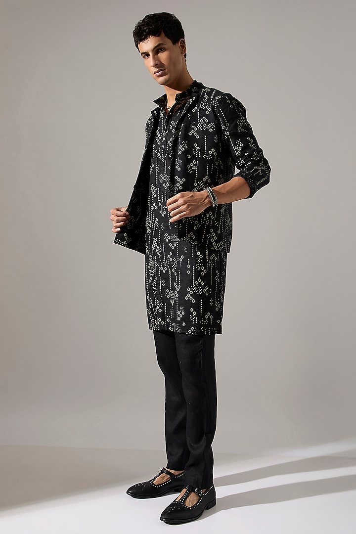 Black Linen Printed Bundi Jacket by Son Of A Noble SNOB Men at Pernia's Pop Up Shop