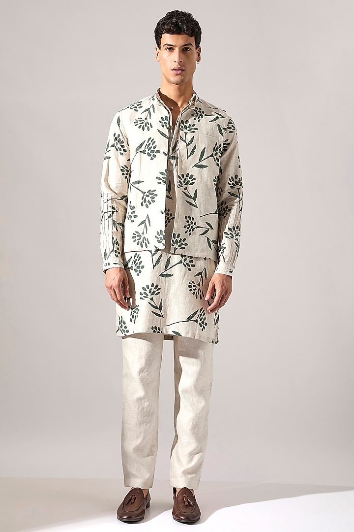 Ivory Linen Printed Bundi Jacket by Son Of A Noble SNOB Men at Pernia's Pop Up Shop
