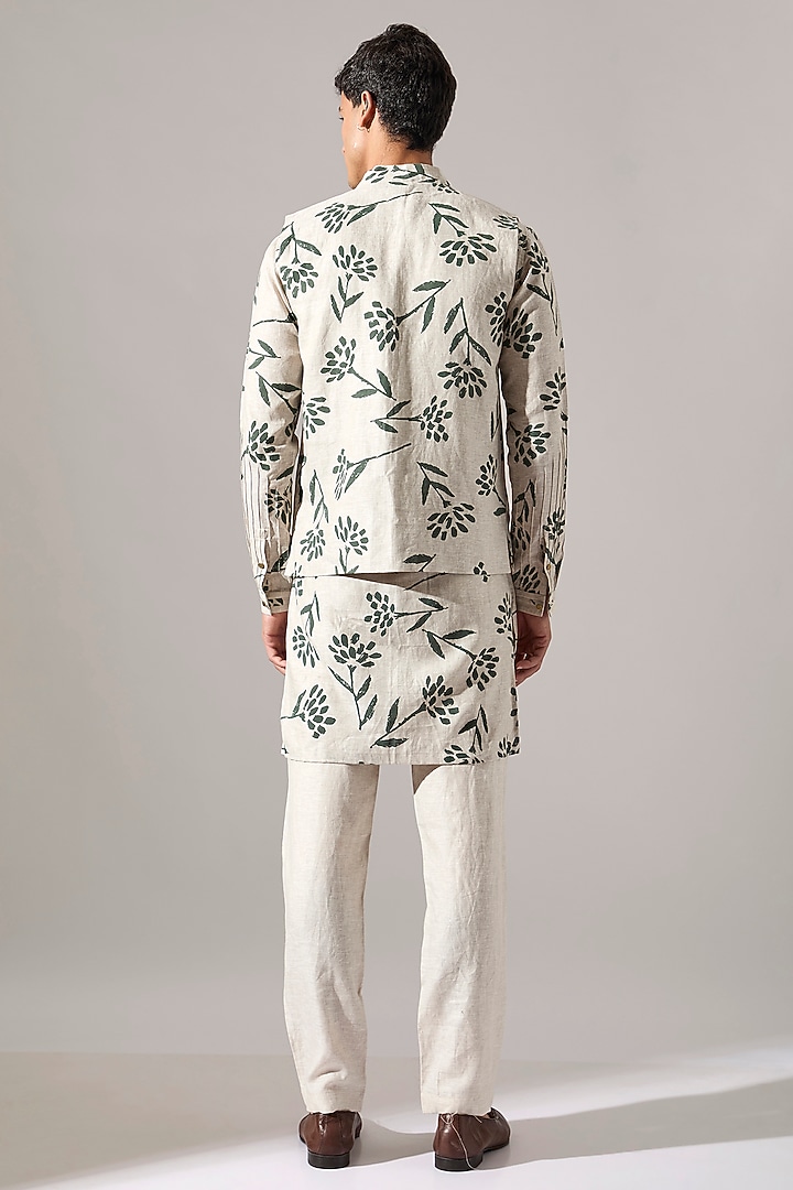 Ivory Linen Printed Bundi Jacket by Son Of A Noble SNOB Men at Pernia's Pop Up Shop