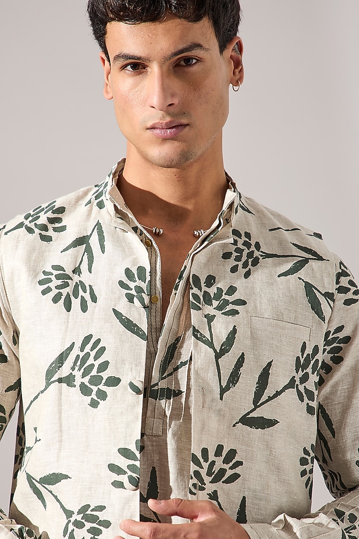 Ivory Linen Printed Bundi Jacket by Son Of A Noble SNOB Men at Pernia's Pop Up Shop