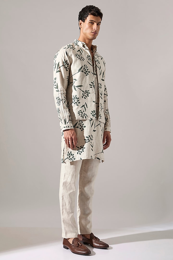 Ivory Linen Printed Bundi Jacket by Son Of A Noble SNOB Men at Pernia's Pop Up Shop