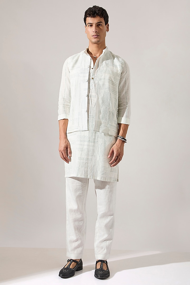 White Linen Printed Bundi Jacket by Son Of A Noble SNOB Men at Pernia's Pop Up Shop