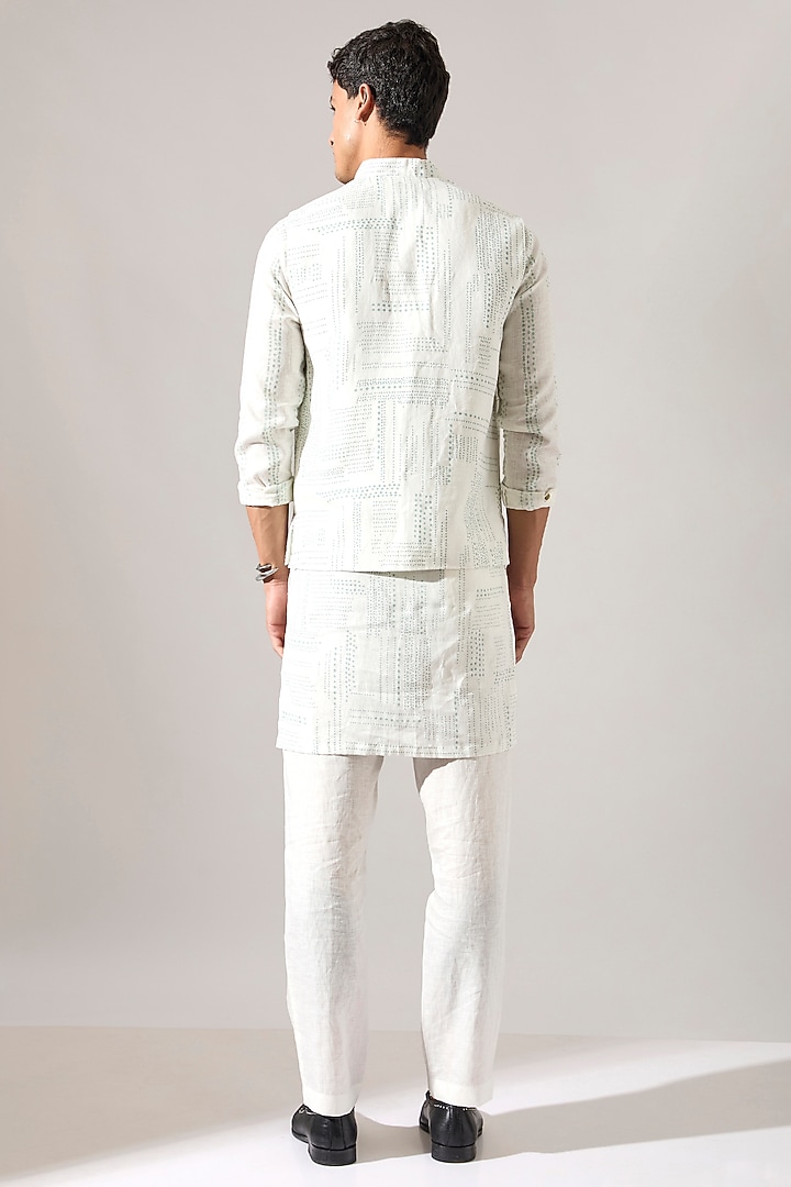 White Linen Printed Bundi Jacket by Son Of A Noble SNOB Men at Pernia's Pop Up Shop