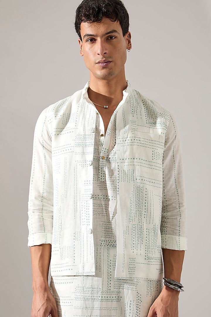 White Linen Printed Bundi Jacket by Son Of A Noble SNOB Men at Pernia's Pop Up Shop