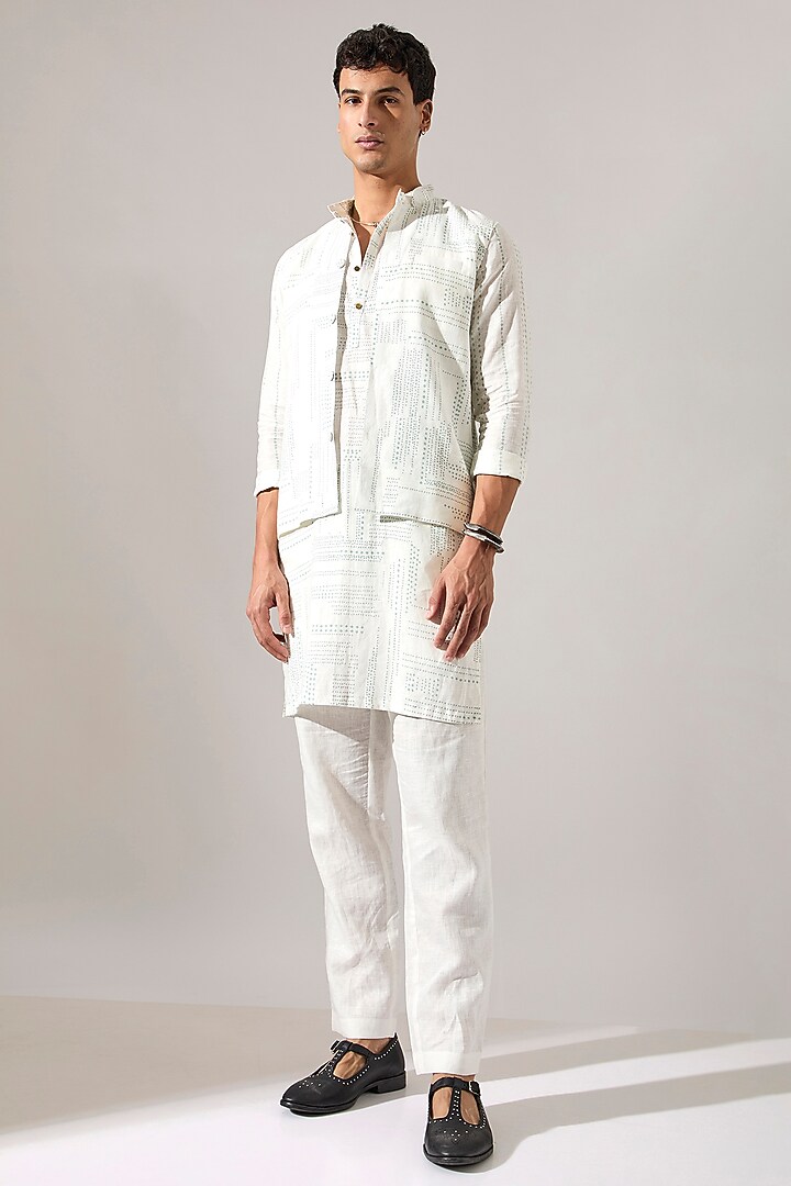 White Linen Printed Bundi Jacket by Son Of A Noble SNOB Men at Pernia's Pop Up Shop