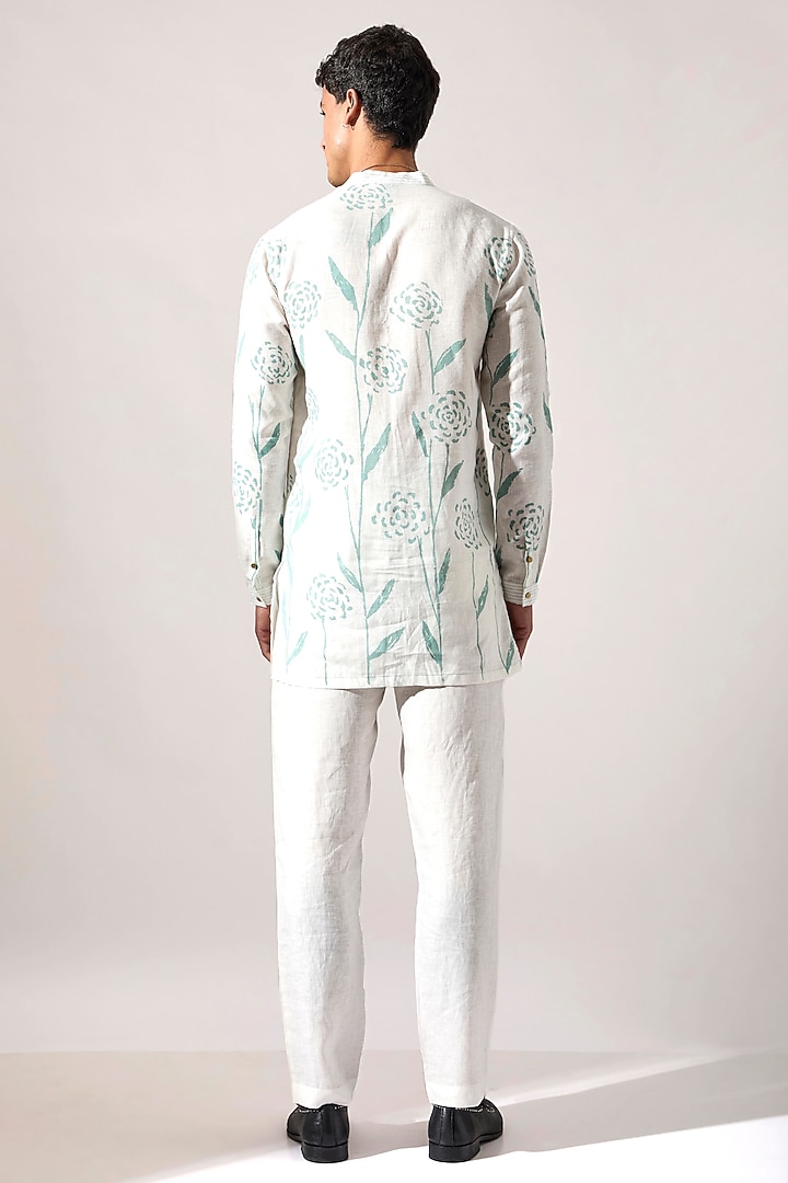 White Linen Printed Short Kurta Set by Son Of A Noble SNOB Men at Pernia's Pop Up Shop