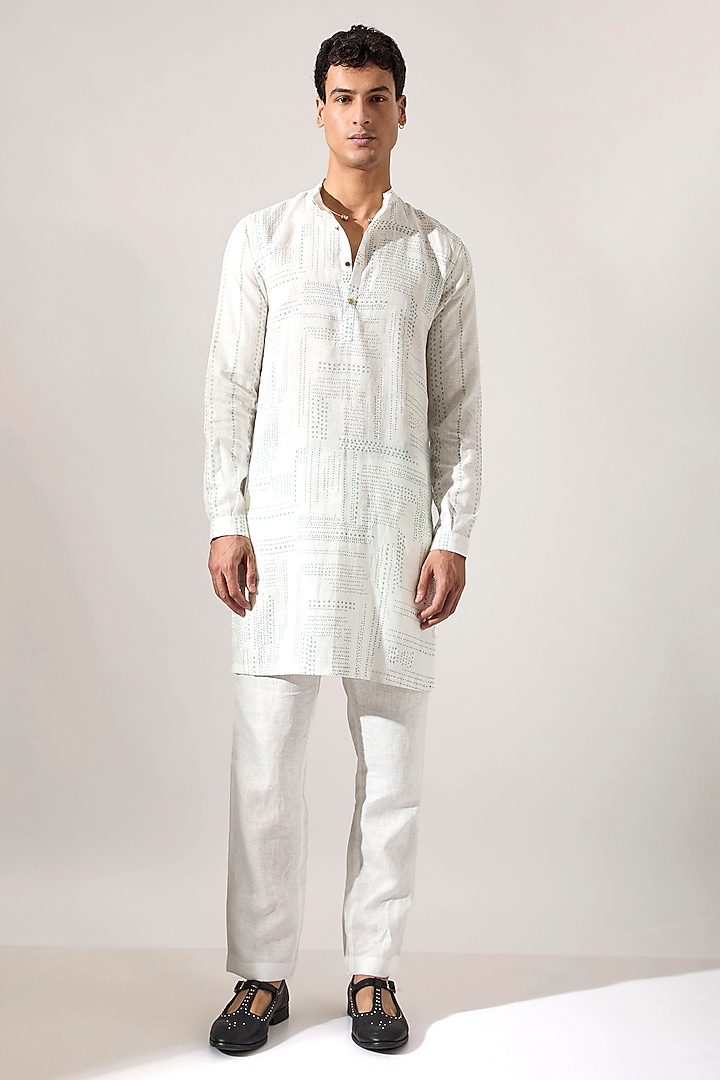 White Linen Printed Kurta Set by Son Of A Noble SNOB Men at Pernia's Pop Up Shop