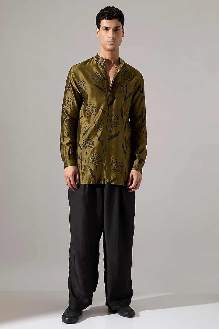 Olive & Black Chanderi Co-Ord Set by Son Of A Noble SNOB Men at Pernia's Pop Up Shop