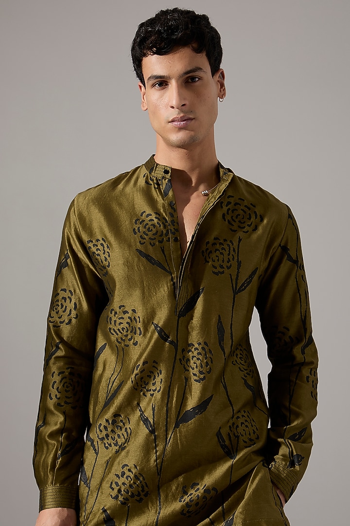 Olive & Black Chanderi Co-Ord Set by Son Of A Noble SNOB Men at Pernia's Pop Up Shop
