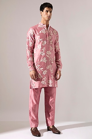 Pink Chanderi Printed Kurta Set by Son Of A Noble SNOB Men