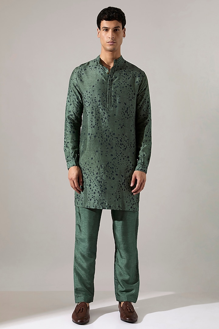Sage Raw Silk Thread Embroidered & Printed Kurta Set by Son Of A Noble SNOB Men at Pernia's Pop Up Shop