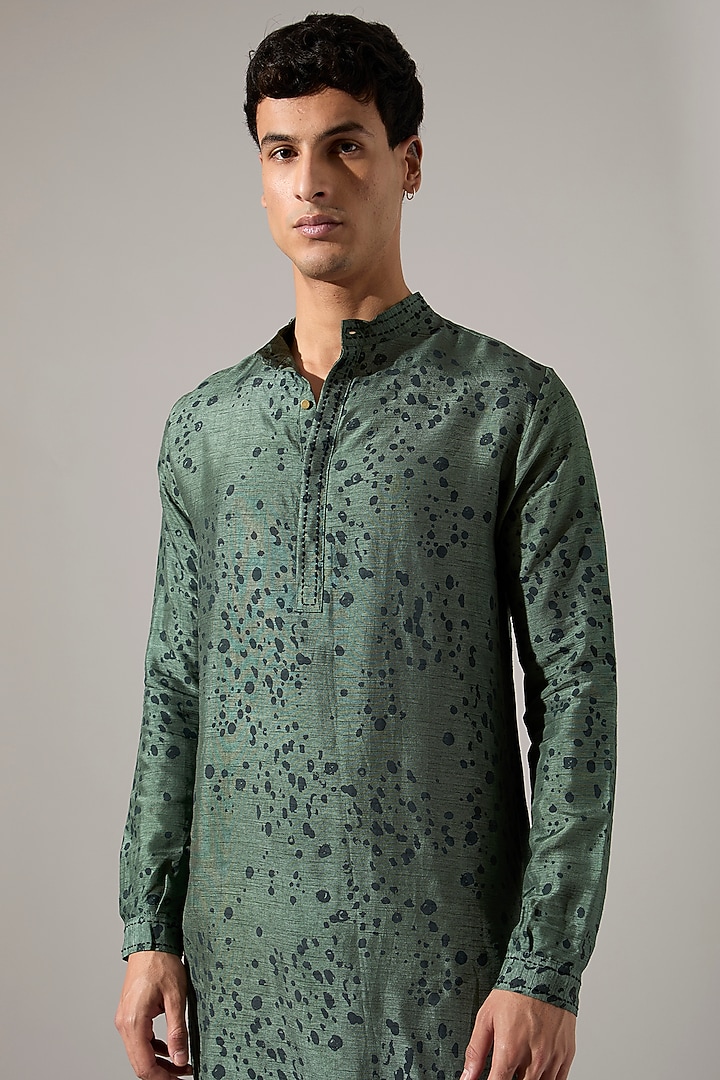 Sage Raw Silk Thread Embroidered & Printed Kurta Set by Son Of A Noble SNOB Men at Pernia's Pop Up Shop