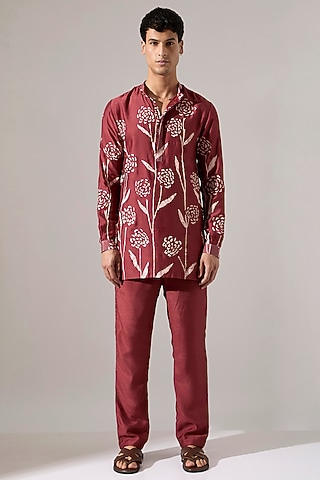 Maroon Modal Printed Kurta Set by Son Of A Noble SNOB Men