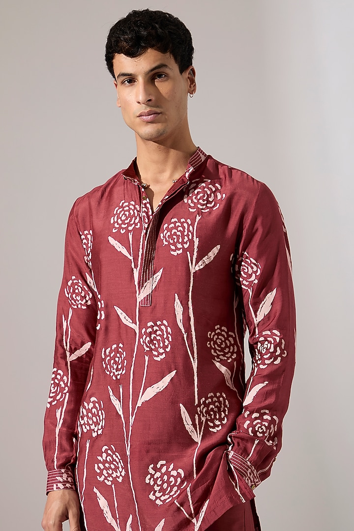 Maroon Modal Printed Kurta Set by Son Of A Noble SNOB Men at Pernia's Pop Up Shop