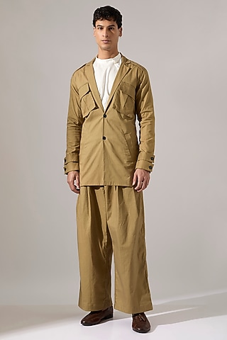 Khaki Cotton & Cotton Satin Co-Ord Set by Son Of A Noble SNOB Men