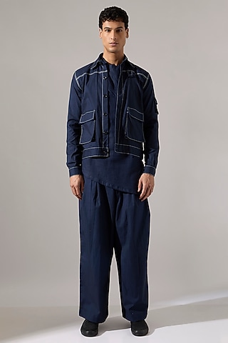 Navy Cotton & Linen Pant Set by Son Of A Noble SNOB Men