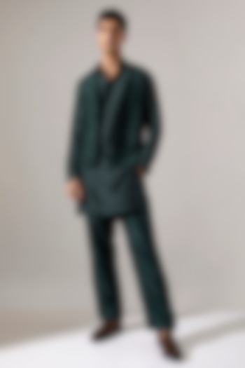 Forest Green Raw Silk Printed & Embroidered Bundi Jacket Set by Son Of A Noble SNOB Men at Pernia's Pop Up Shop