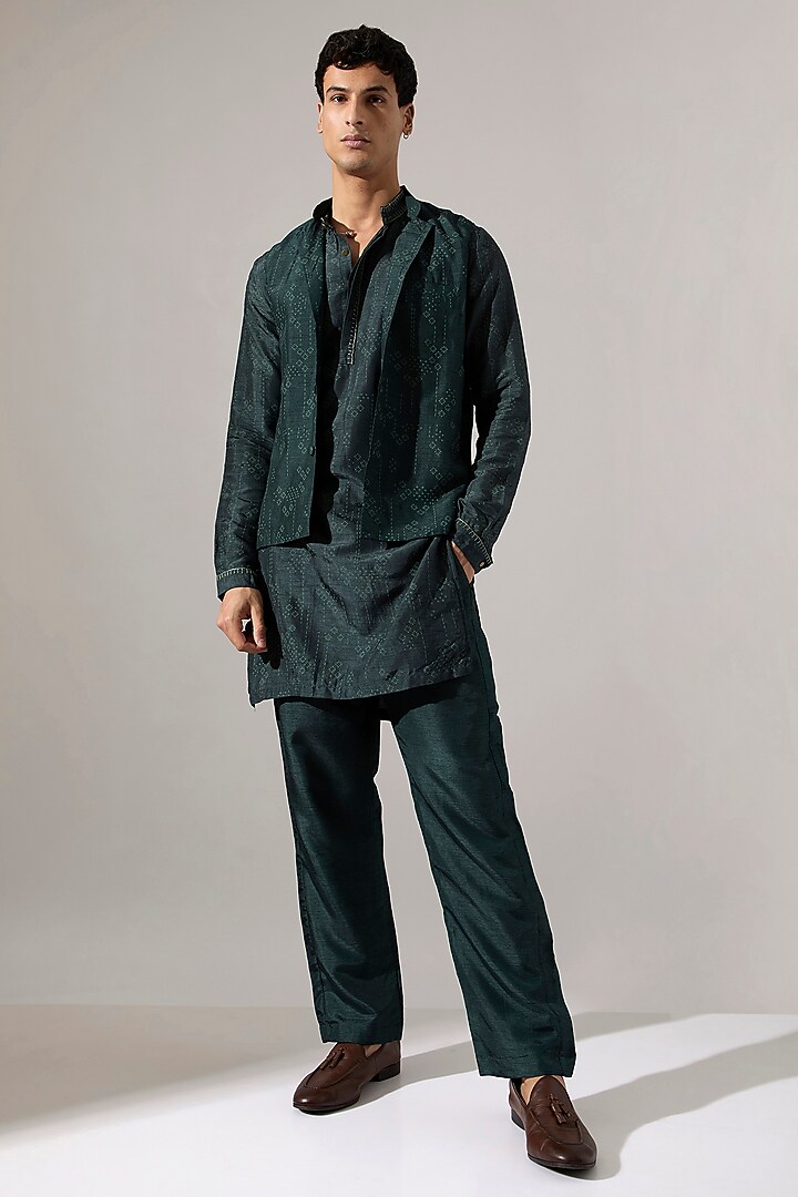 Forest Green Raw Silk Printed & Embroidered Bundi Jacket Set by Son Of A Noble SNOB Men at Pernia's Pop Up Shop