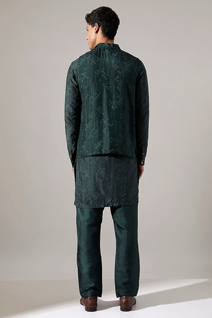 Forest Green Raw Silk Printed & Embroidered Bundi Jacket Set by Son Of A Noble SNOB Men at Pernia's Pop Up Shop
