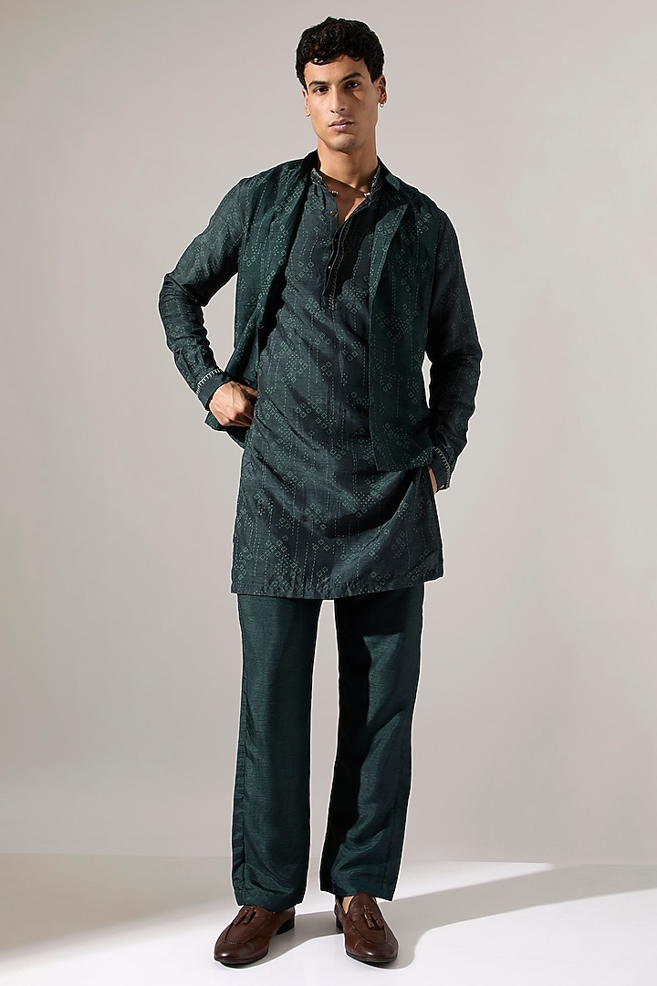 Forest Green Raw Silk Printed & Embroidered Bundi Jacket Set by Son Of A Noble SNOB Men at Pernia's Pop Up Shop