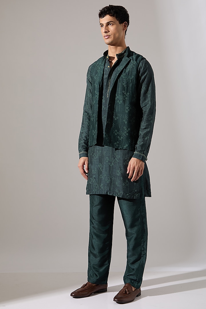 Forest Green Raw Silk Printed & Embroidered Bundi Jacket Set by Son Of A Noble SNOB Men at Pernia's Pop Up Shop