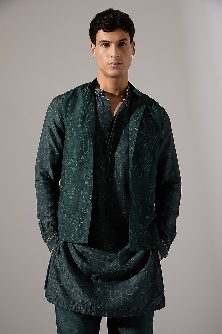 Forest Green Raw Silk Printed & Embroidered Bundi Jacket Set by Son Of A Noble SNOB Men at Pernia's Pop Up Shop