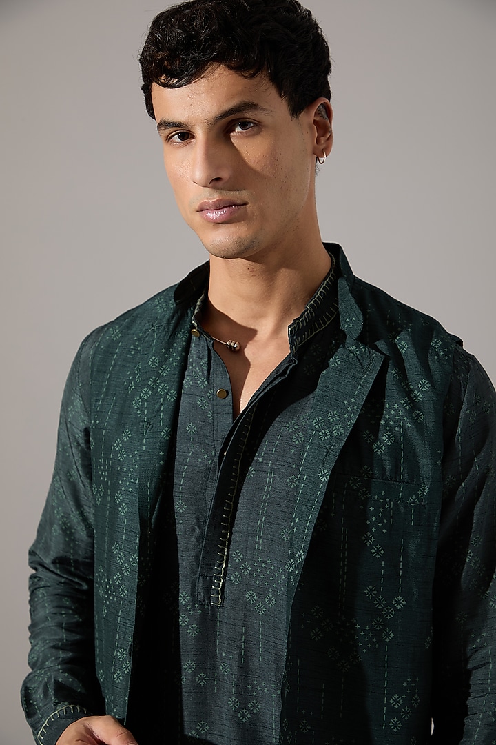 Forest Green Raw Silk Printed & Embroidered Bundi Jacket Set by Son Of A Noble SNOB Men at Pernia's Pop Up Shop