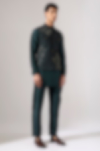 Forest Green Raw Silk Hand Embroidered Bundi Jacket Set by Son Of A Noble SNOB Men at Pernia's Pop Up Shop