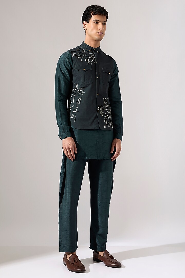 Forest Green Raw Silk Hand Embroidered Bundi Jacket Set by Son Of A Noble SNOB Men at Pernia's Pop Up Shop