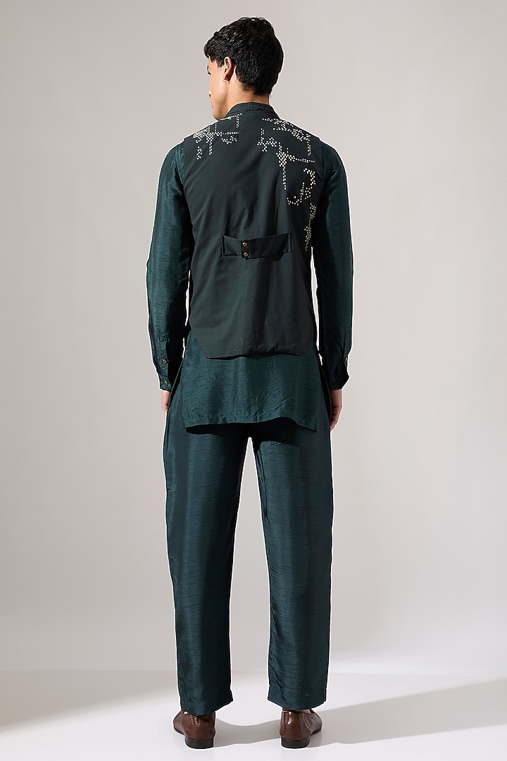 Forest Green Raw Silk Hand Embroidered Bundi Jacket Set by Son Of A Noble SNOB Men at Pernia's Pop Up Shop