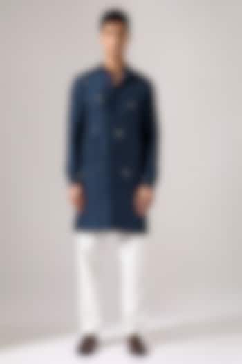 Navy Raw Silk Hand Embroidered Kurta Set by Son Of A Noble SNOB Men at Pernia's Pop Up Shop