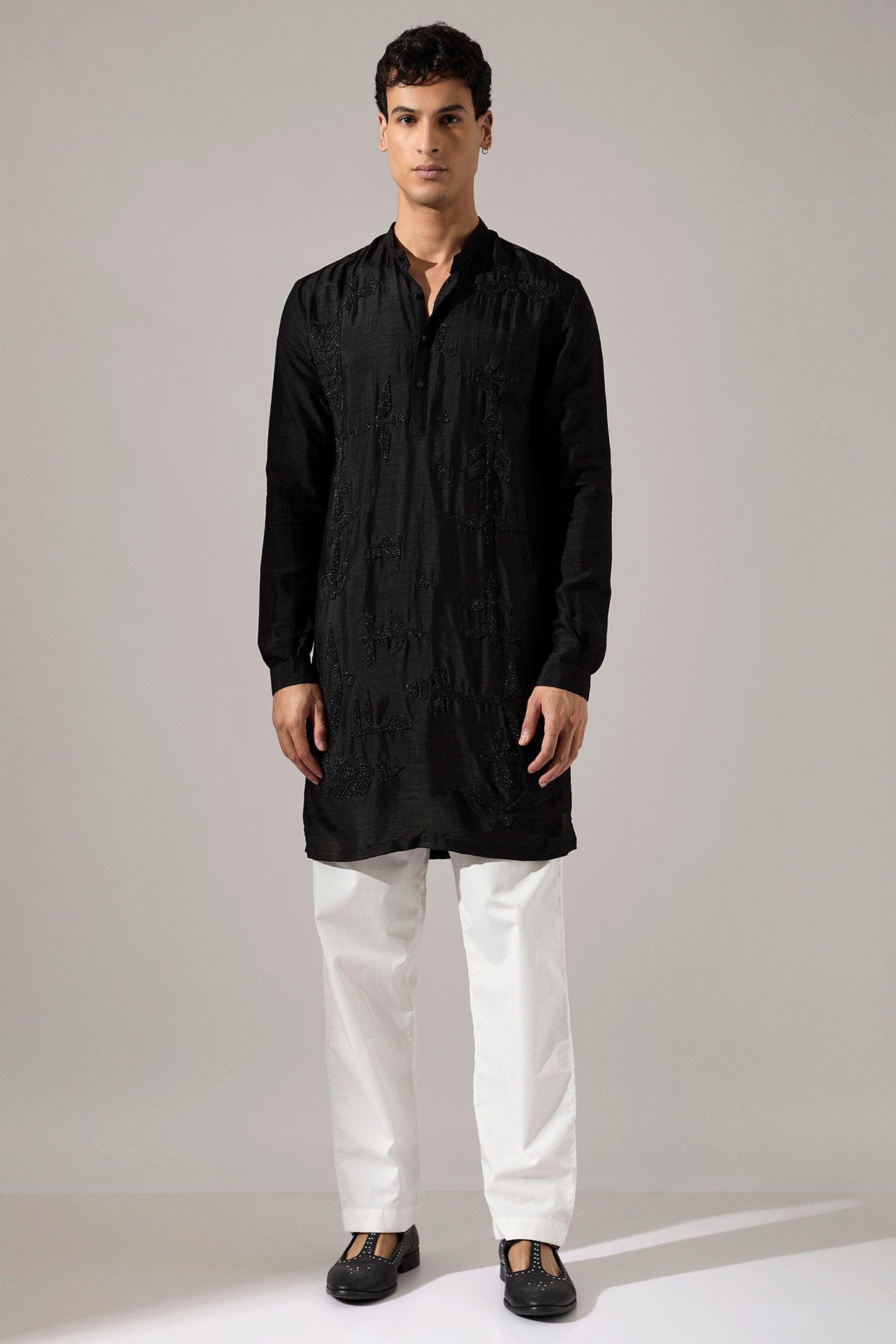 Son Of A Noble SNOB Black Raw Silk Hand Embroidered Kurta Set