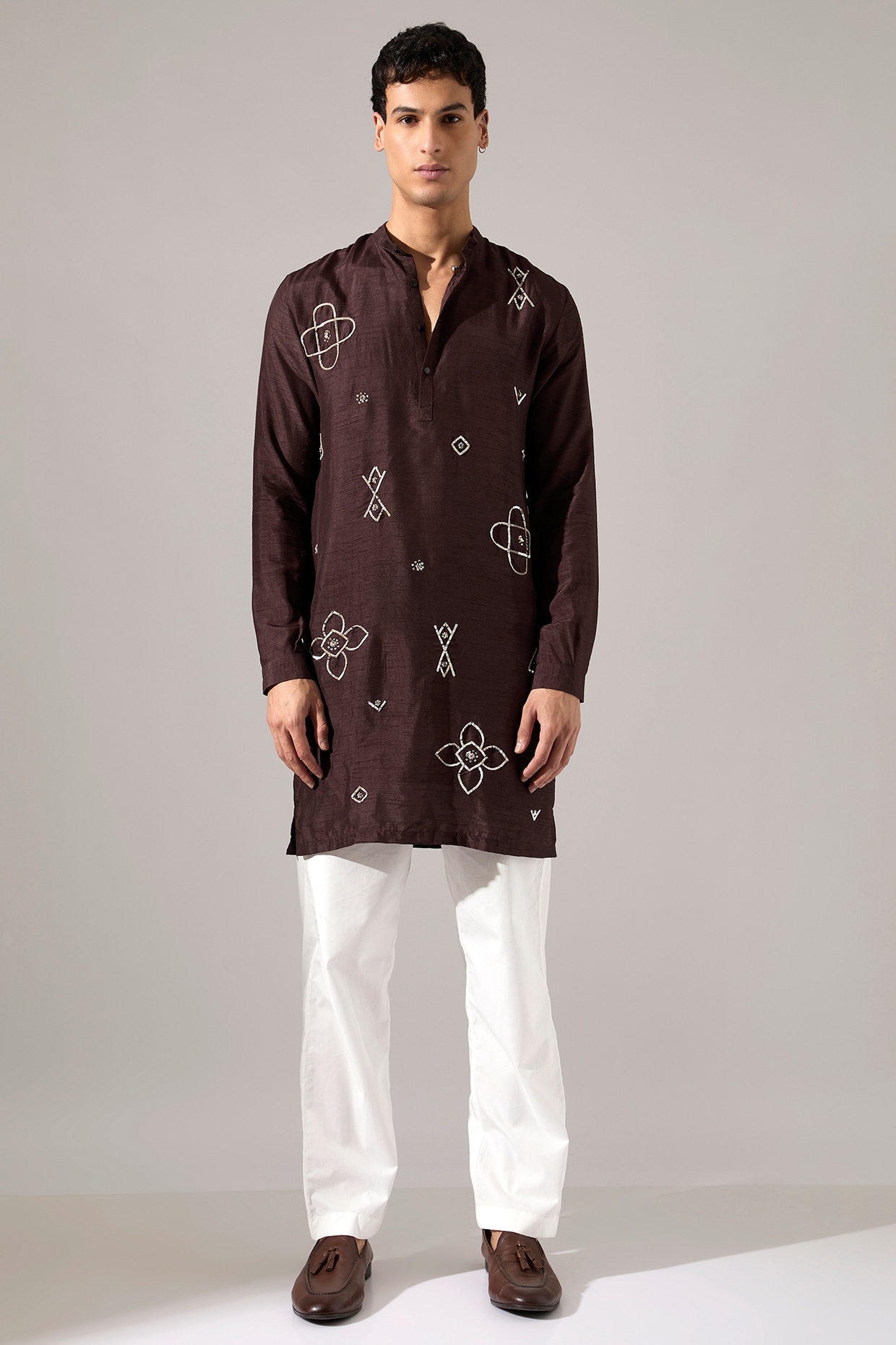 Son Of A Noble SNOB Brown Raw Silk Hand Embroidered Kurta Set
