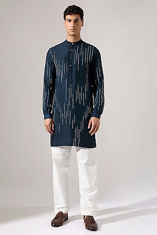 Navy Blue Raw Silk Hand Embroidered Kurta Set by Son Of A Noble SNOB Men