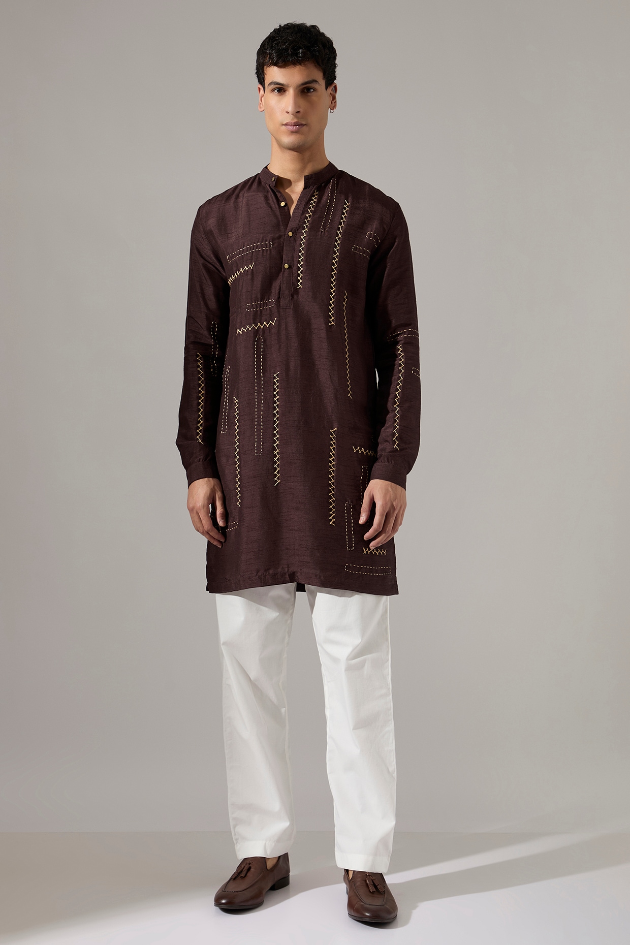 Son Of A Noble SNOB Brown Raw Silk Hand Embroidered Kurta Set