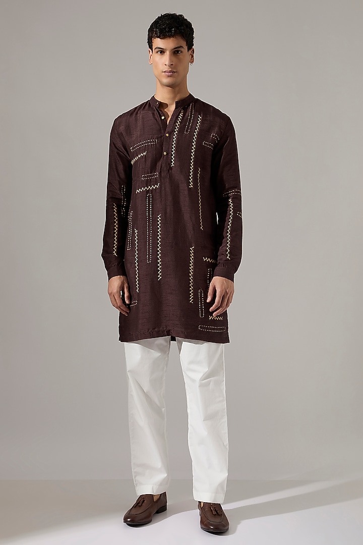 Brown Raw Silk Hand Embroidered Kurta Set by Son Of A Noble SNOB Men at Pernia's Pop Up Shop