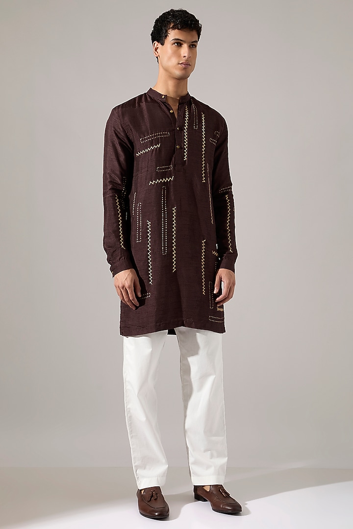 Brown Raw Silk Hand Embroidered Kurta Set by Son Of A Noble SNOB Men at Pernia's Pop Up Shop