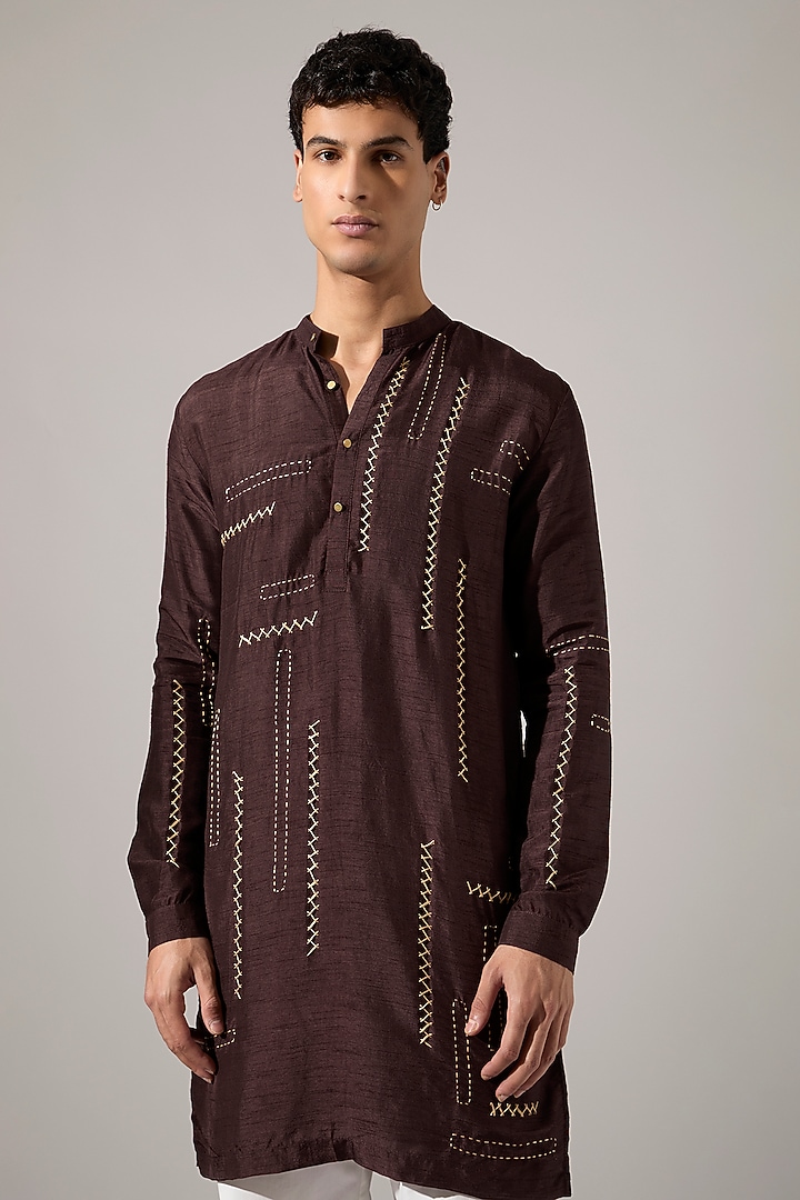 Brown Raw Silk Hand Embroidered Kurta Set by Son Of A Noble SNOB Men at Pernia's Pop Up Shop