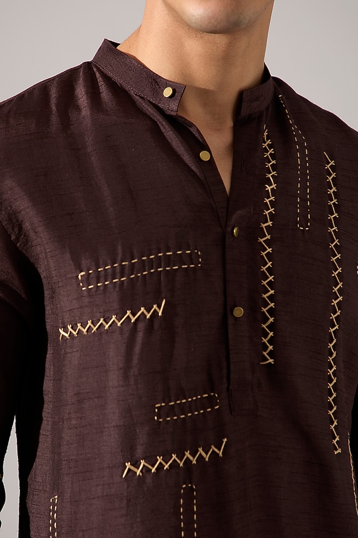 Brown Raw Silk Hand Embroidered Kurta Set by Son Of A Noble SNOB Men at Pernia's Pop Up Shop