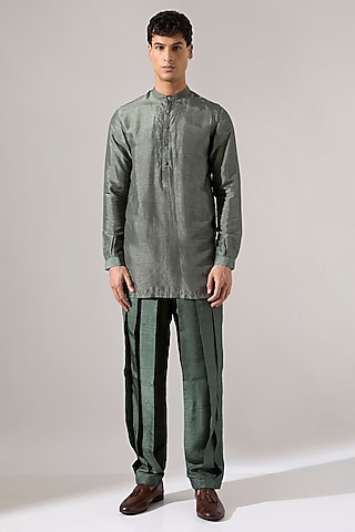 Sage Raw Silk & Cotton Kurta Set by Son Of A Noble SNOB Men
