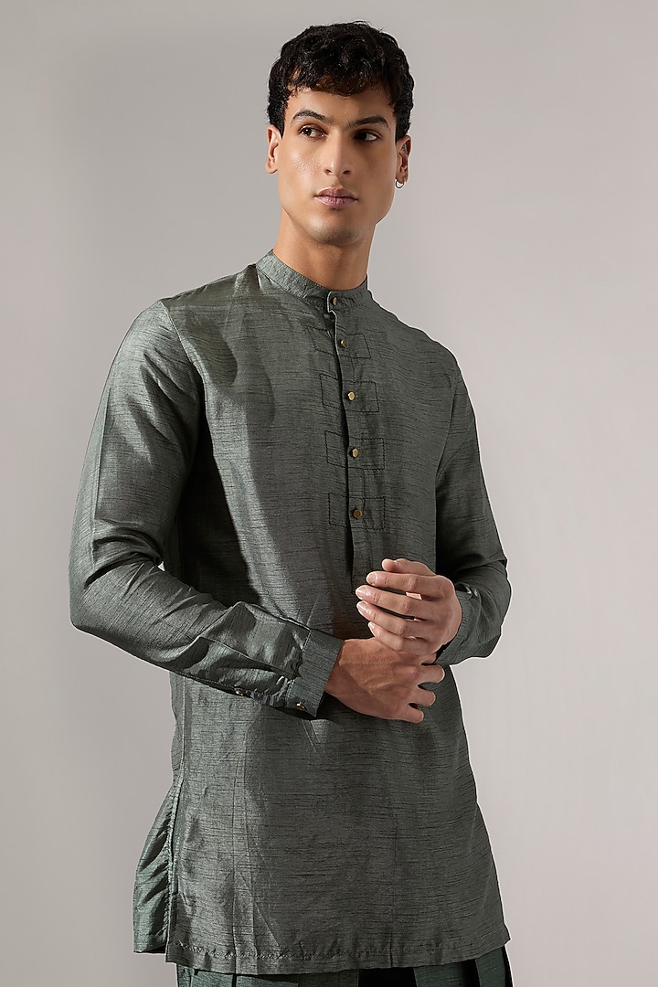 Sage Raw Silk & Cotton Kurta Set by Son Of A Noble SNOB Men at Pernia's Pop Up Shop