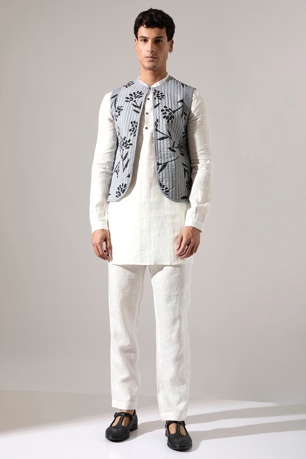 Son Of A Noble SNOB Grey Cotton & Linen Quilted Bundi Jacket Set